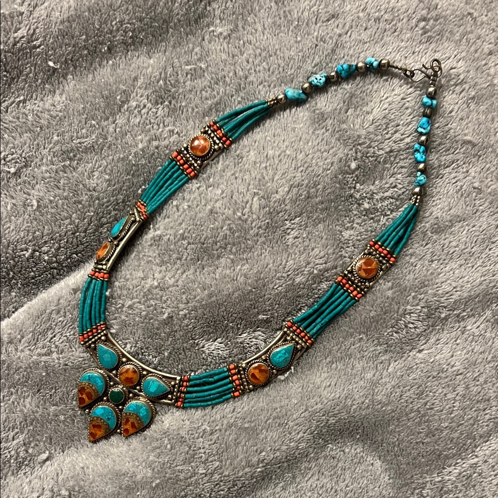 Turquoise and Amber Beaded Necklace